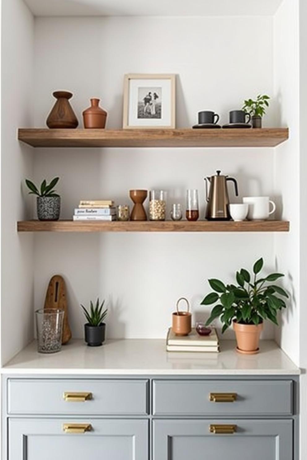 Minimalist coffee station with plants and shelves