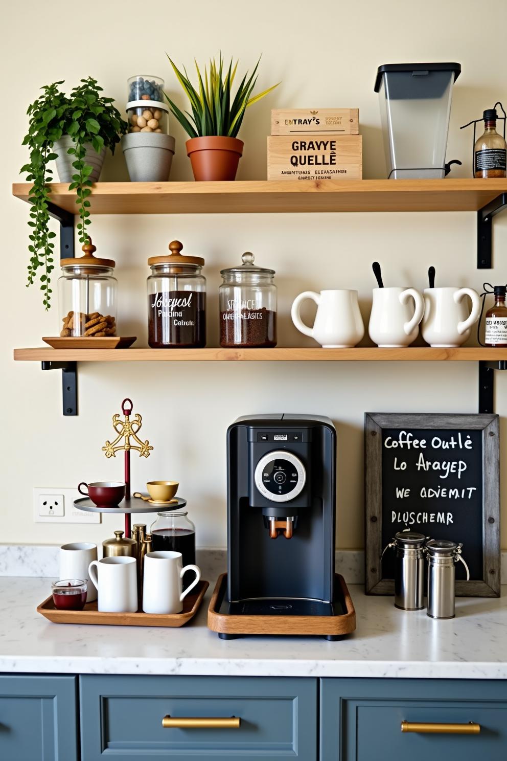 Home coffee bar setup with jars and cups on shelves