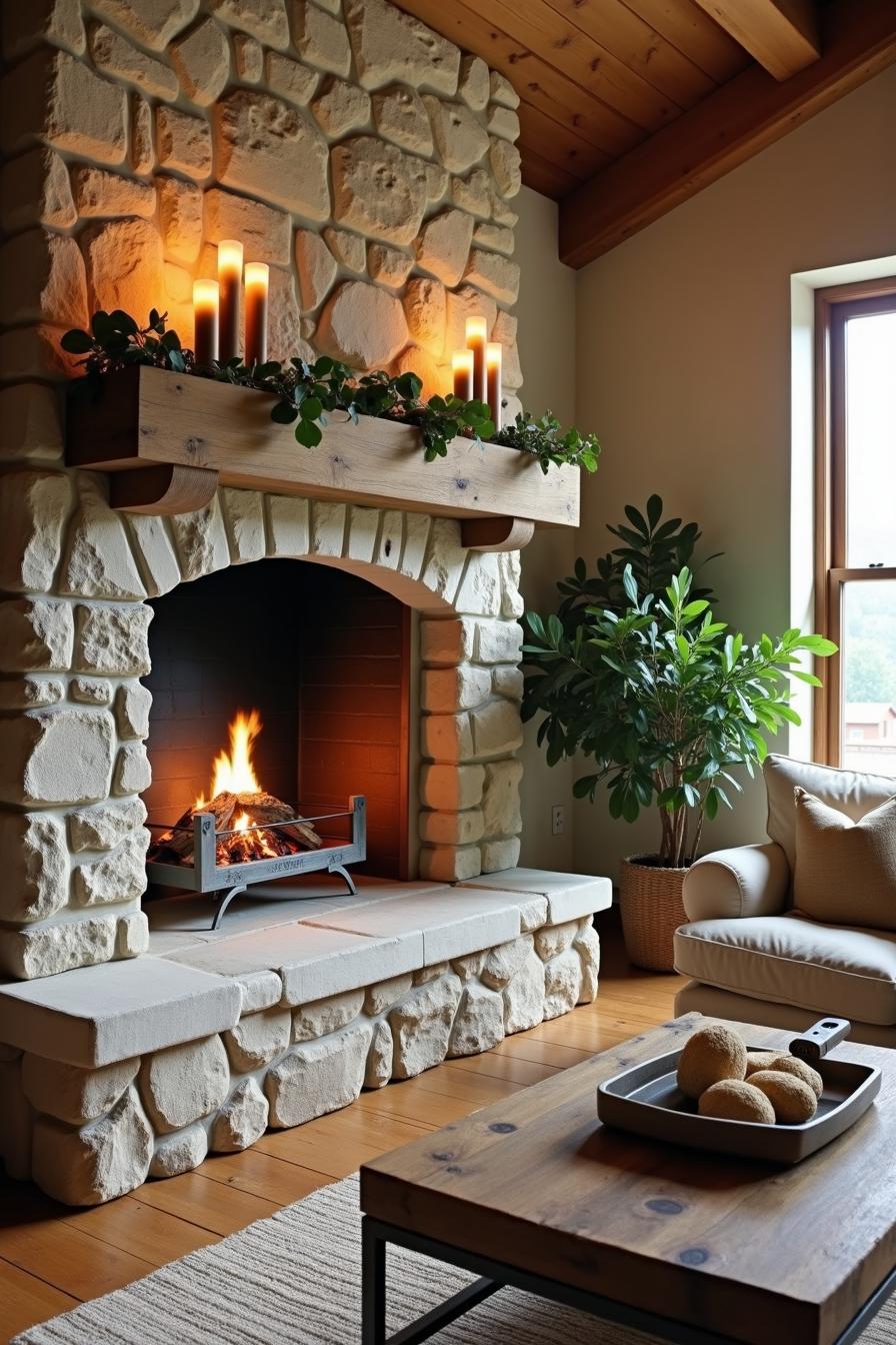 Cozy stone fireplace adorned with greenery and lit candles