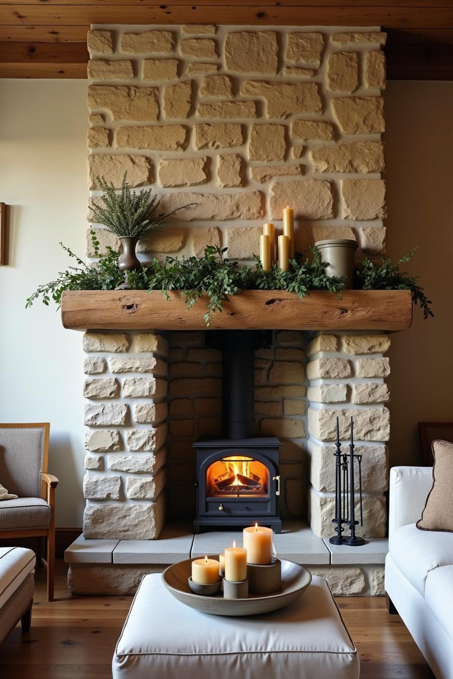 Rustic fireplace with stone surround and wooden mantel