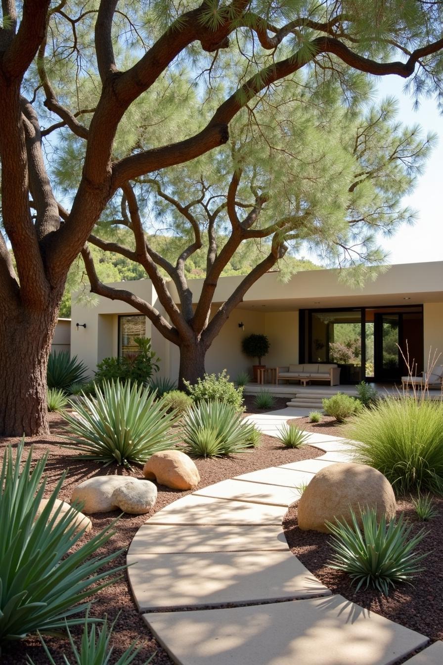 Modern desert garden with winding path and tall trees