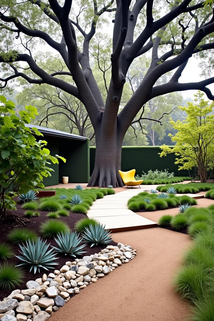 Modern garden with stepping stones, vibrant plants, and a striking tree