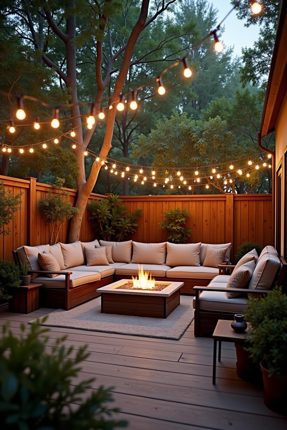 Warm patio setup with string lights and fire pit