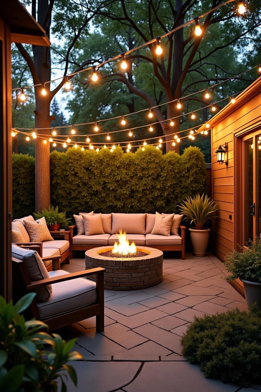 Cozy backyard garden with a warm inviting aesthetic enhanced by an array of string lights that create a magical atmosphere. Mature trees provide a 2