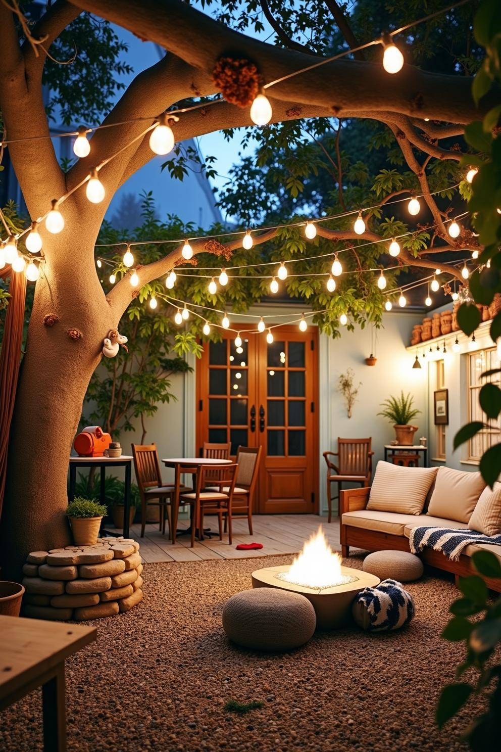 Cozy backyard with string lights and fire pit