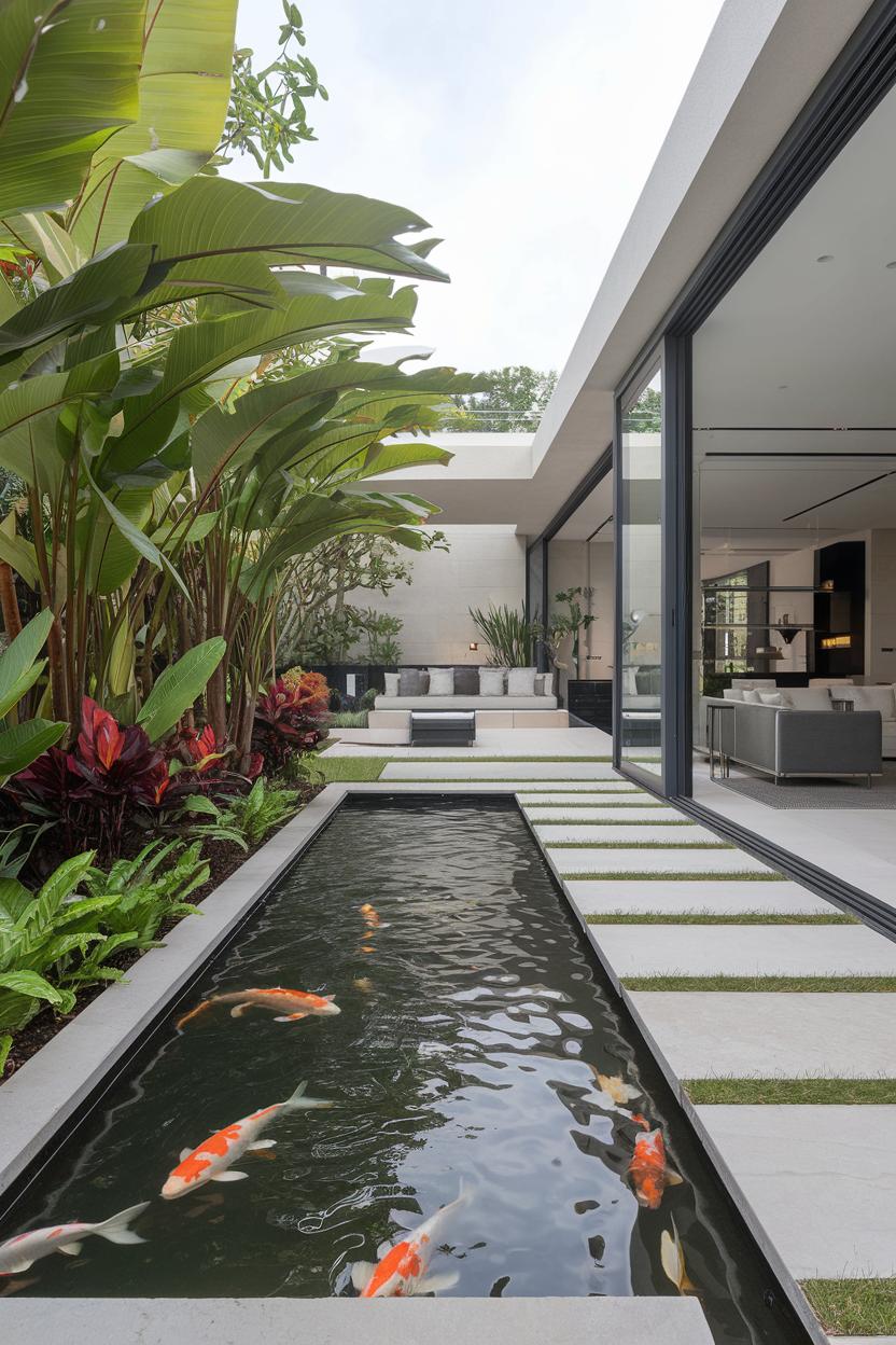 Modern koi pond with sleek patio design