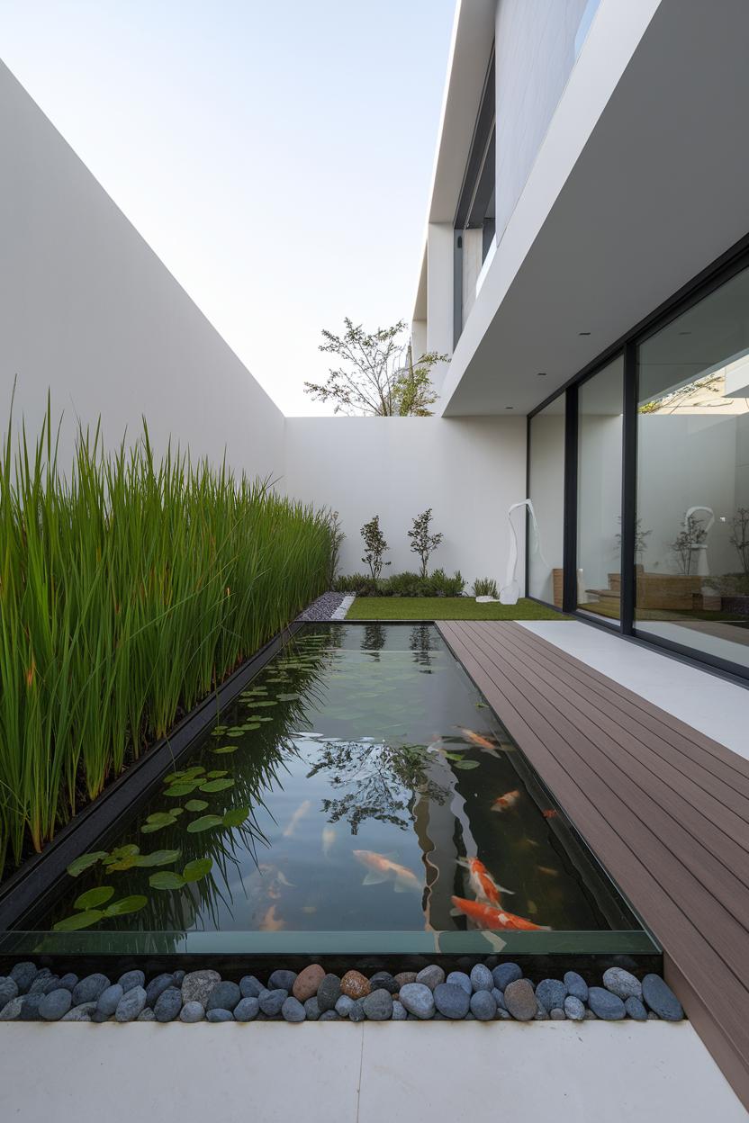 Koi pond with sleek design elements and tall grasses