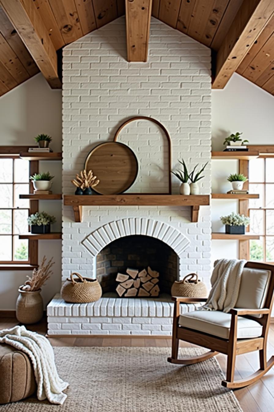 White brick fireplace with wooden mantel, shelves, and cozy decor