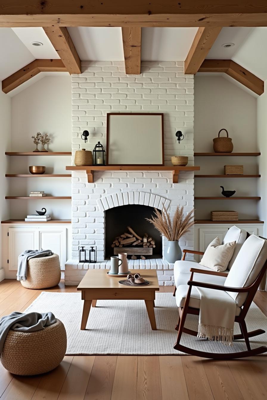 White brick fireplace with wooden beams and cozy seating