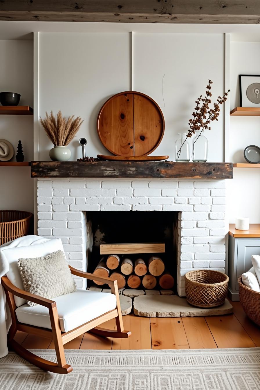 Cozy chair by a white brick fireplace with rustic decor