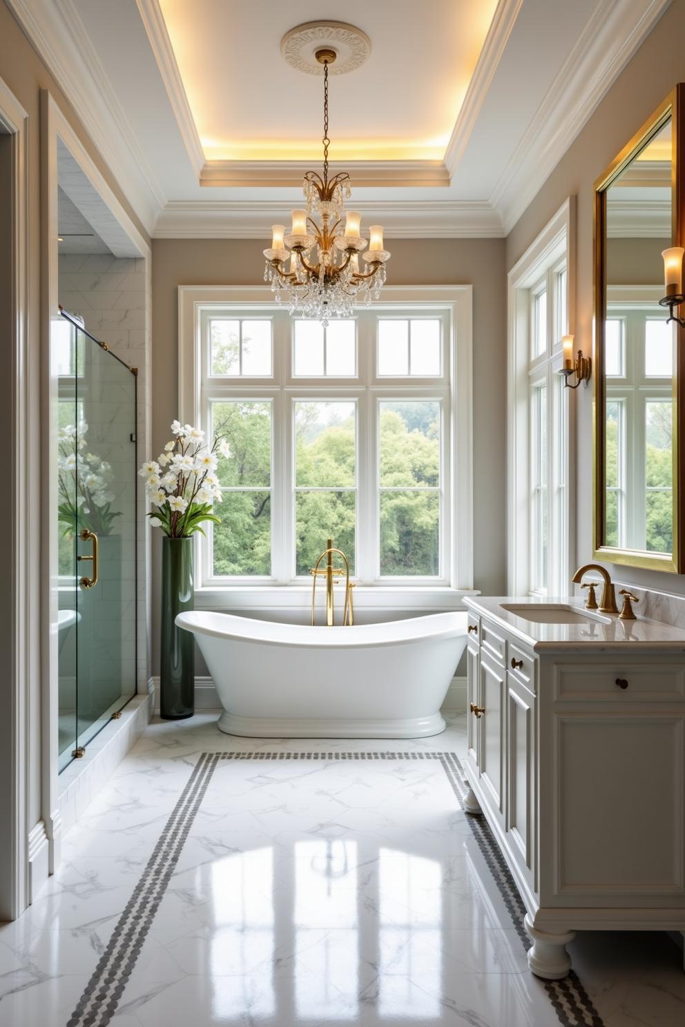 Luxurious bathroom with chandelier and freestanding tub