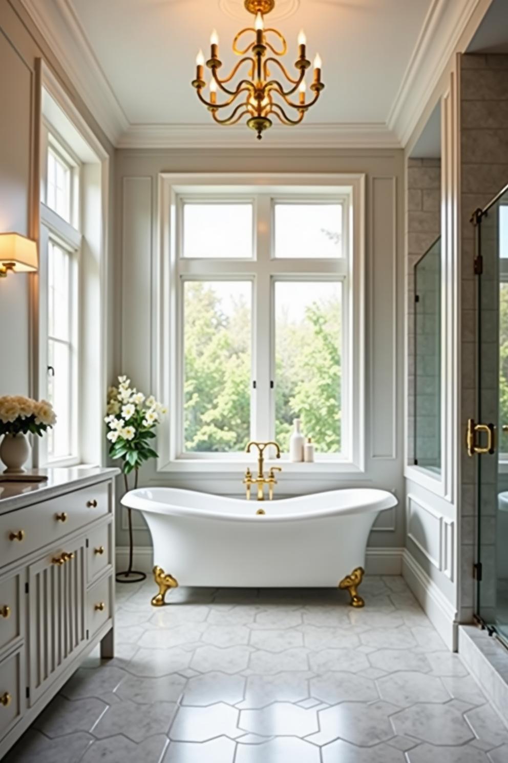 Elegant bathroom with a gold chandelier and freestanding tub