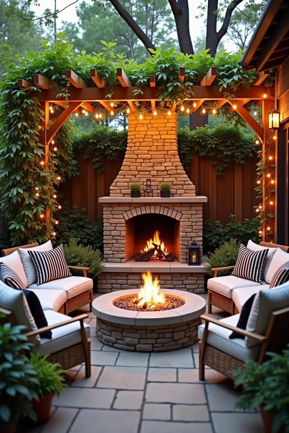 Cosy patio with a stone fireplace and twinkling lights