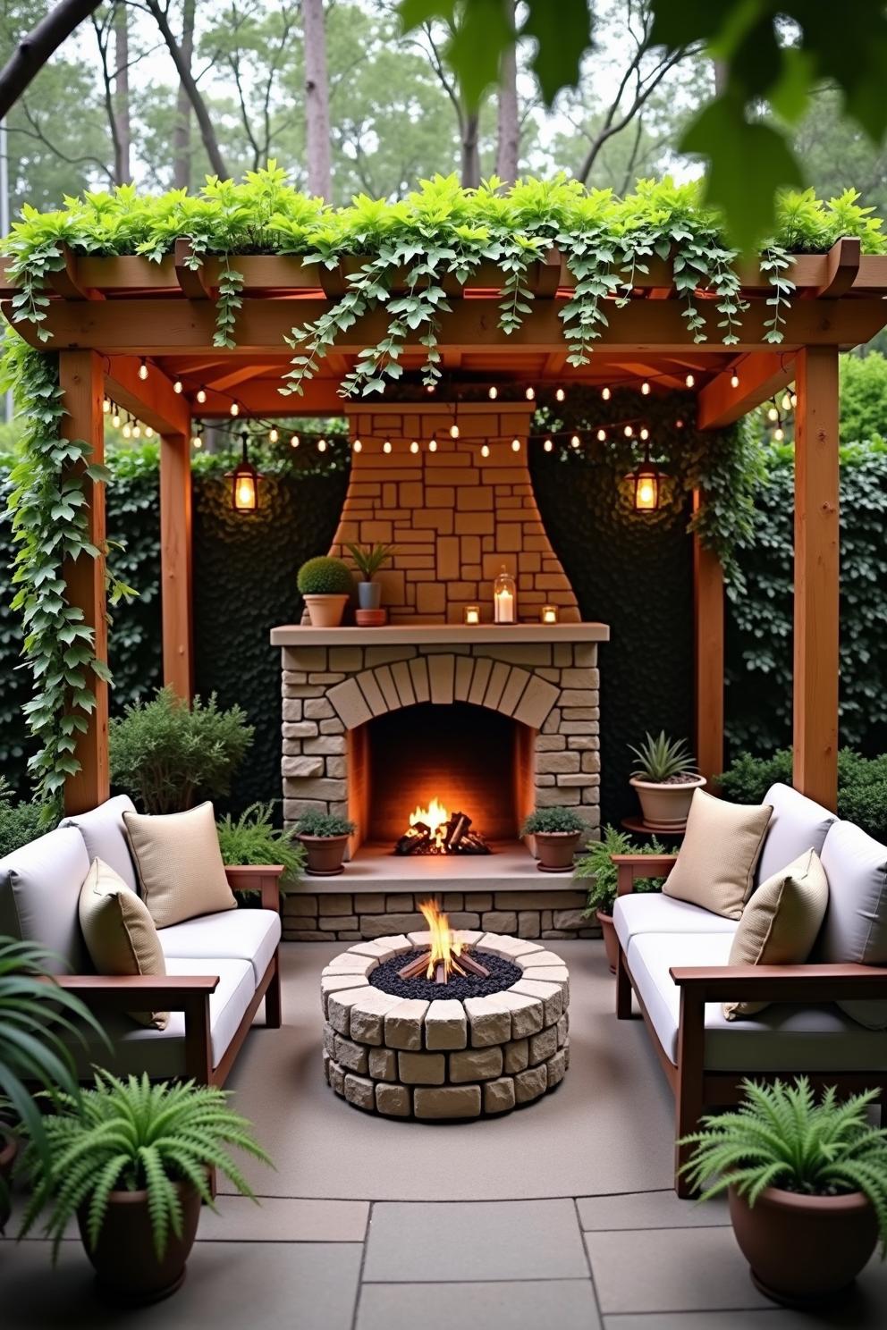 Cozy seating by a stone fireplace with lush greenery