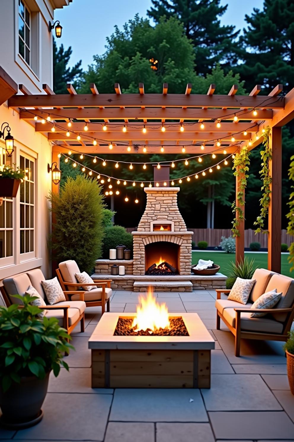 Cozy backyard patio with fire pit and string lights