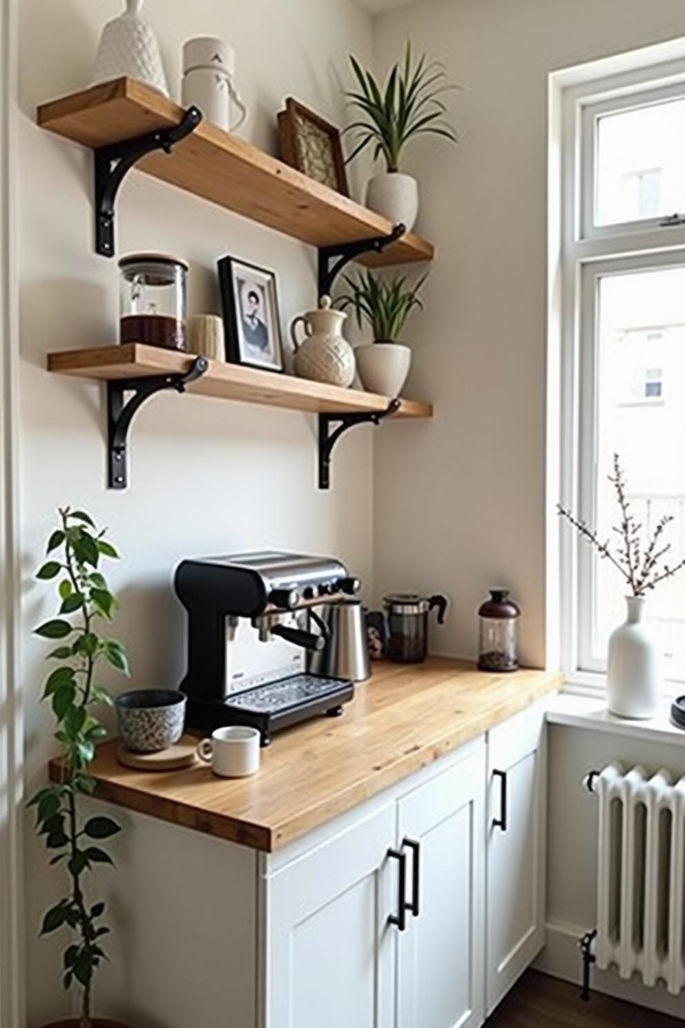 Home coffee bar with a sleek espresso machine and floating shelves