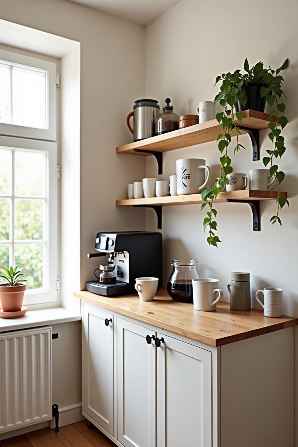 Cozy coffee station with mugs, plants, and an espresso machine