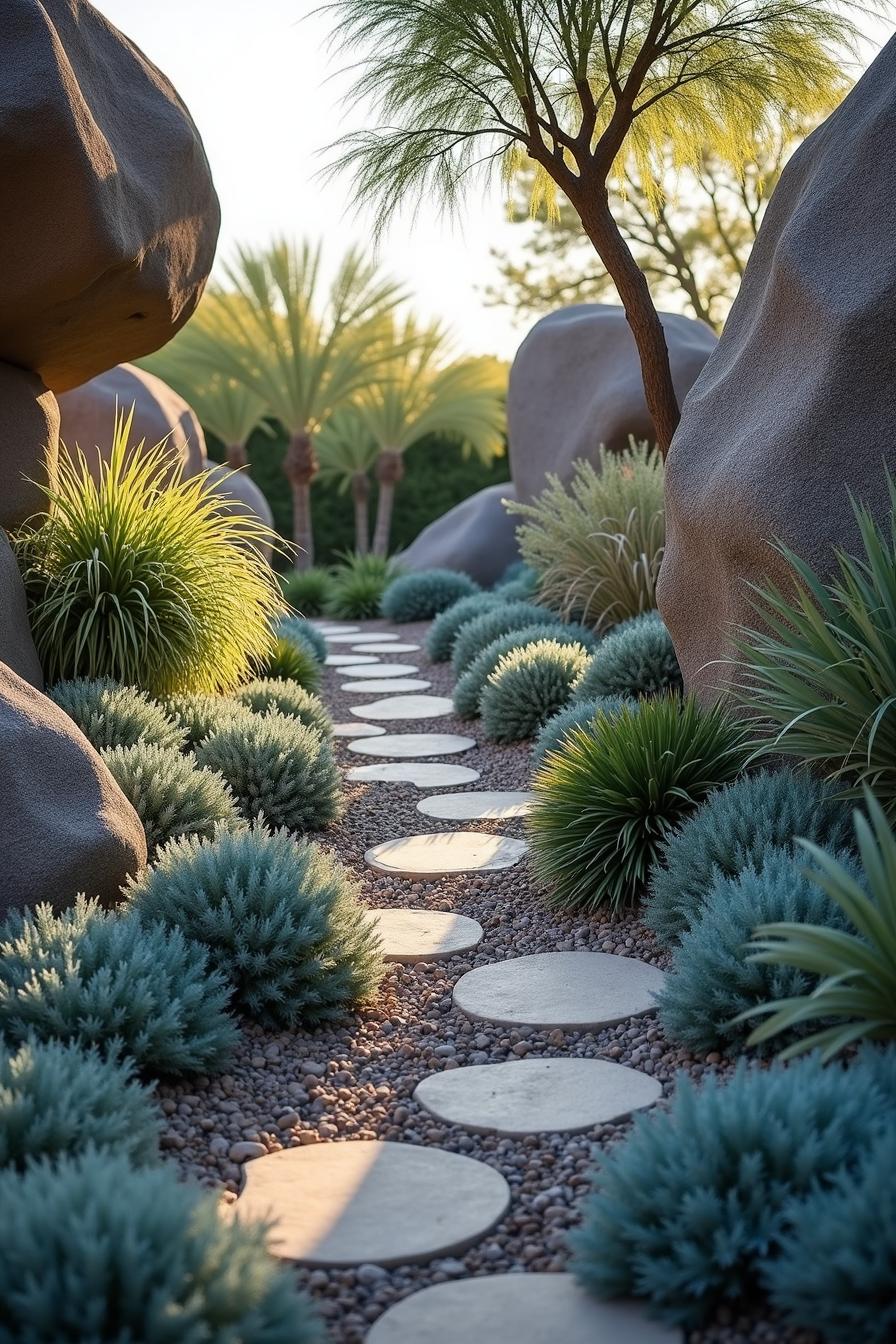 Stepping stones meandering through lush desert plants