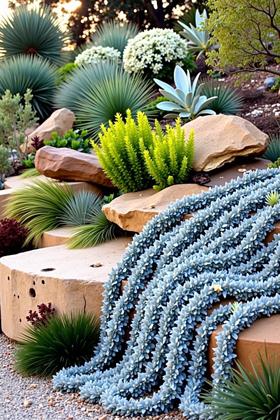 Succulents cascading over large rocks in a dry garden