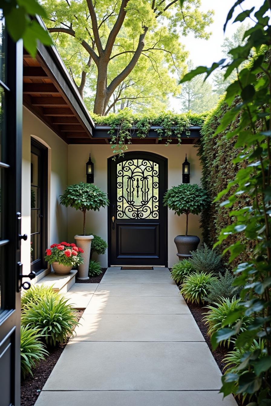 Metal garden gate adorned with greenery and planters