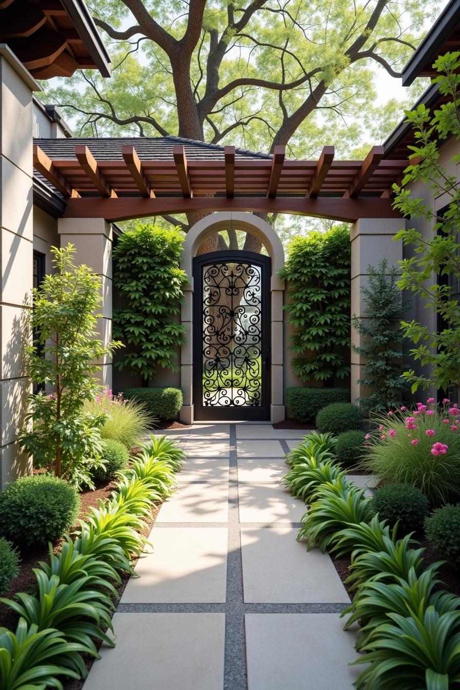 Elegant wrought iron gate with rich surrounding greenery