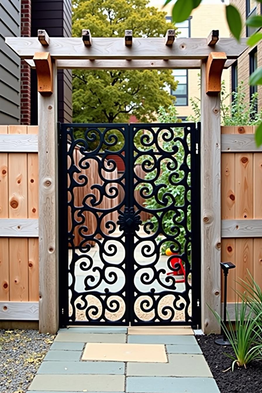 Decorative metal gate framed by a rustic wooden arbor