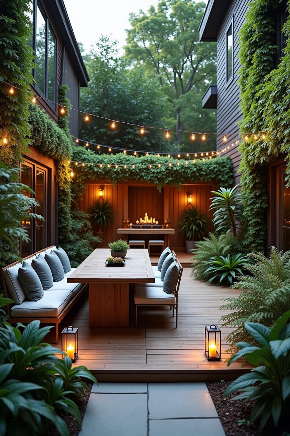 Backyard dining setup with string lights and lush plants