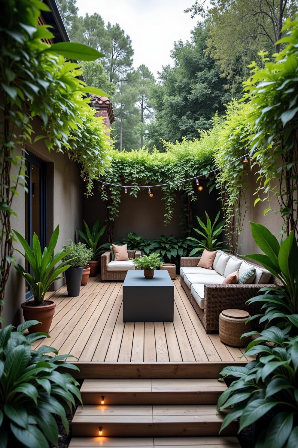 Cozy patio with lush greenery and string lights