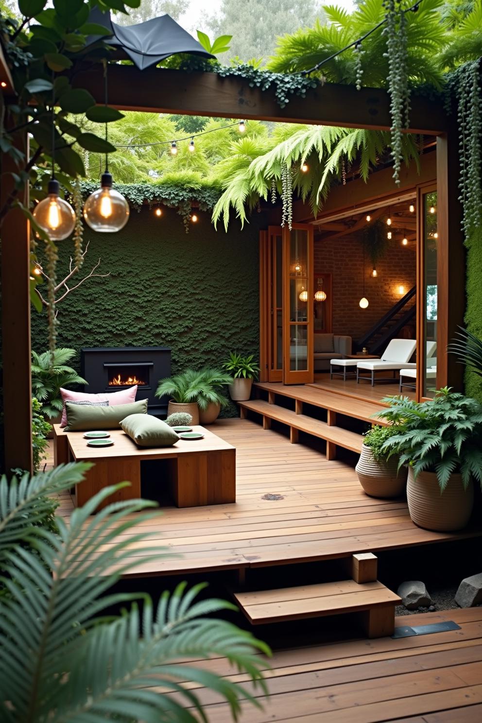 Wooden deck retreat with draping greenery and string lights