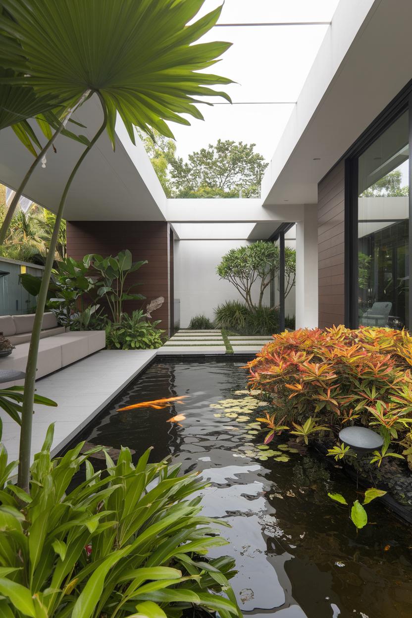 Modern courtyard with koi pond and lush plants