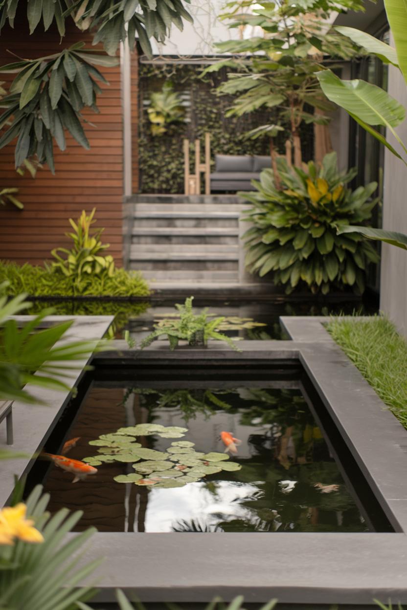 Modern koi pond with dark stone edges and lush greenery