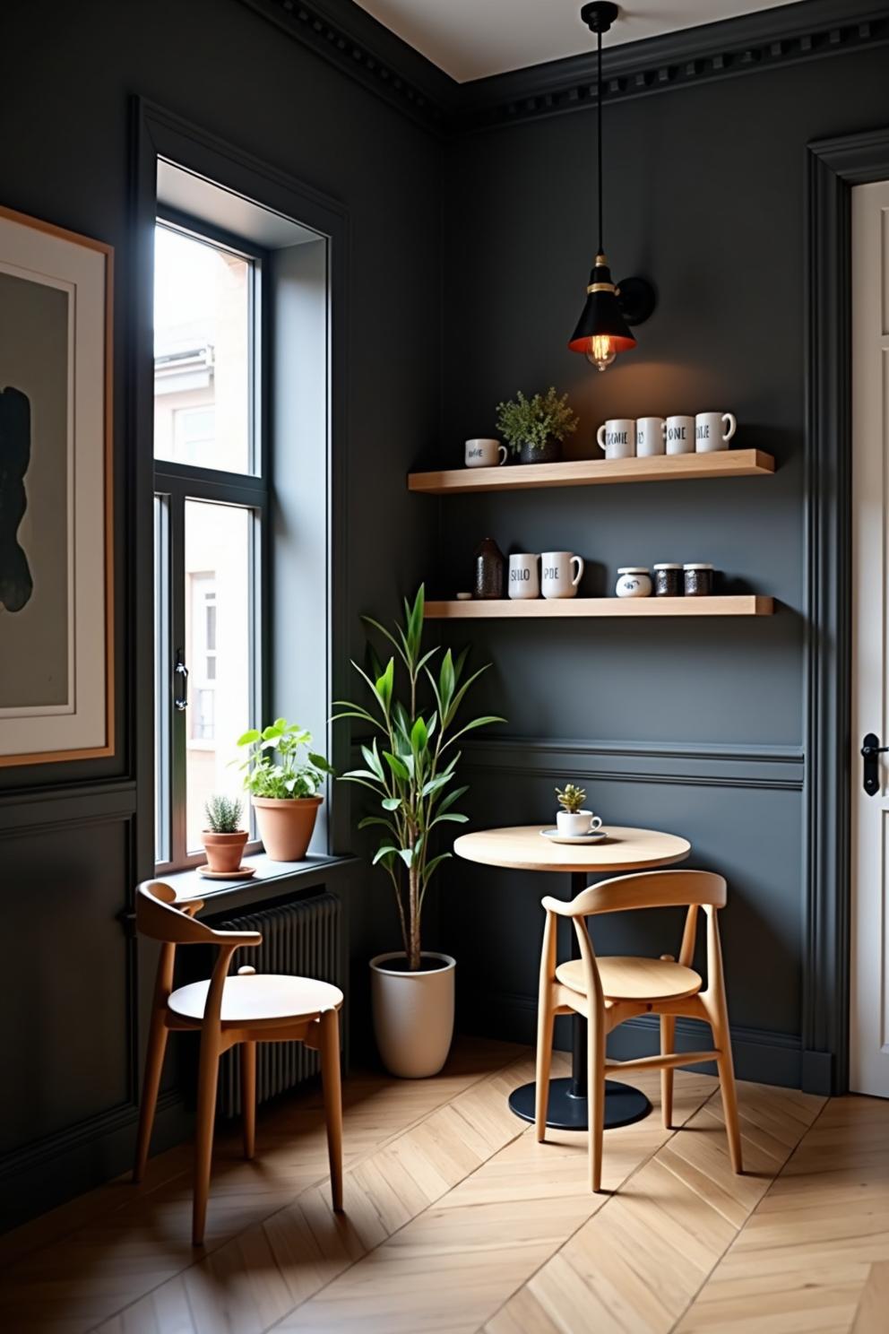 Small coffee bar with wooden shelves and plants