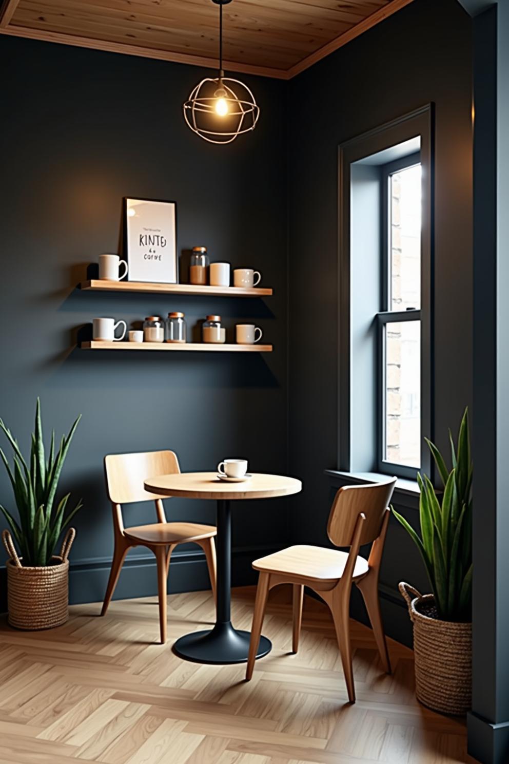 Cozy corner with table, chairs, and shelves