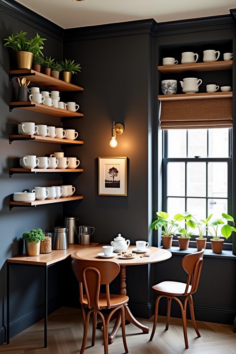 Cozy corner with wooden shelves and potted plants