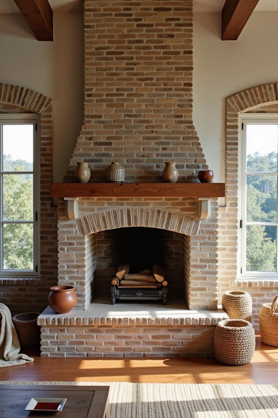 A rustic living room featuring a farmhouse aesthetic dominates with an earthy color palette centered on warm browns and soft grays. The architectural 1