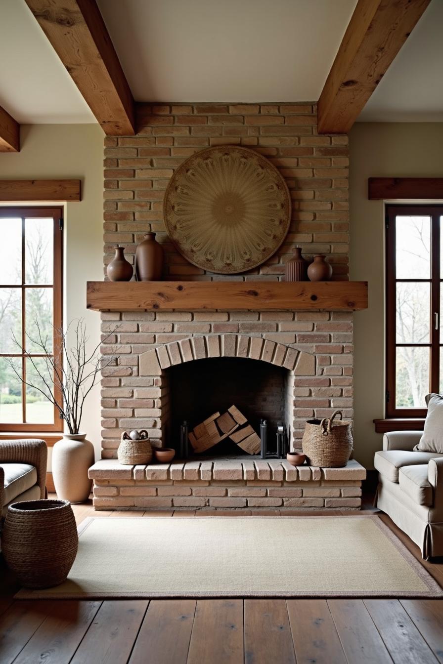 Farmhouse-style fireplace with brick and rustic decor