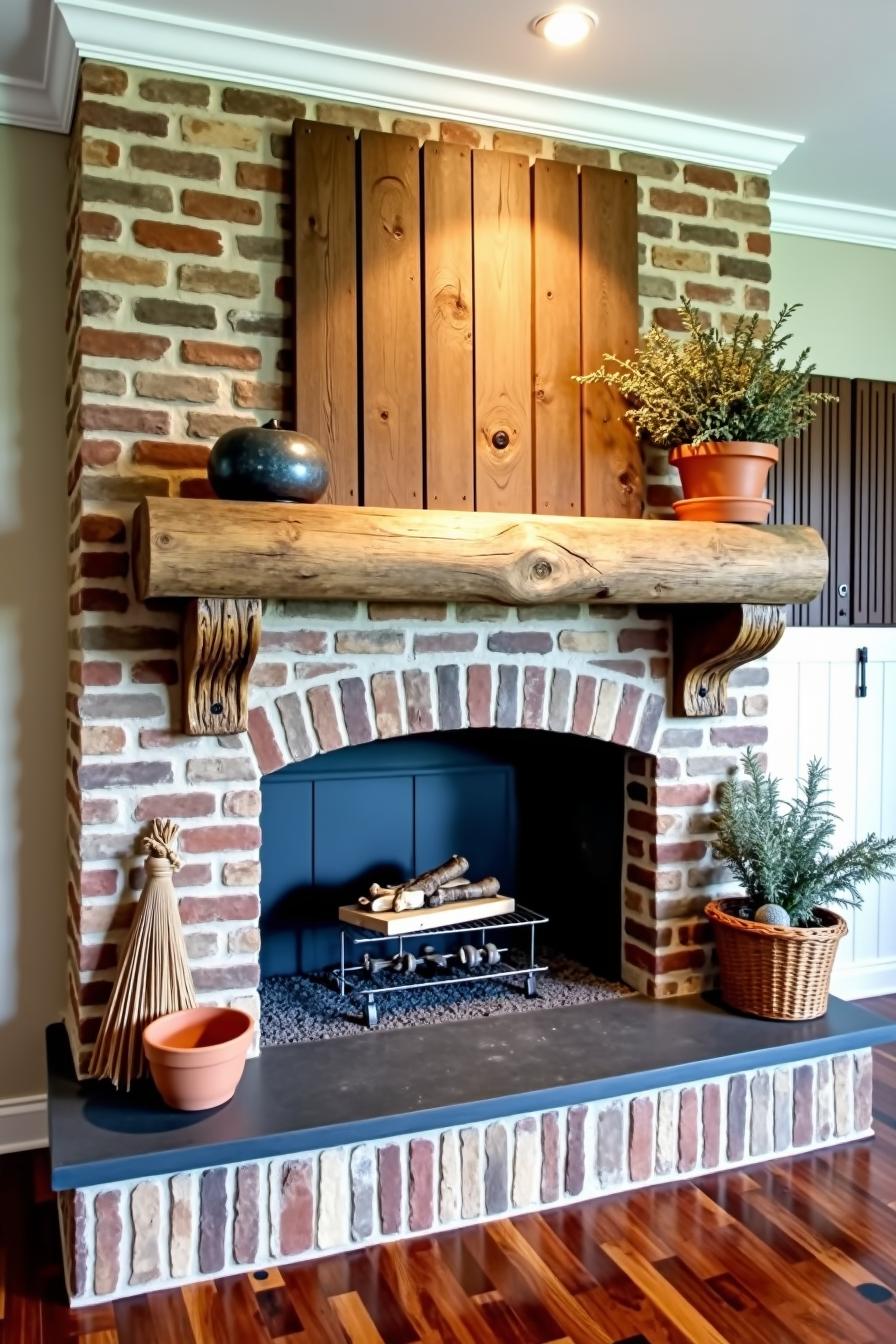 Rustic farmhouse fireplace with brick and wood accents