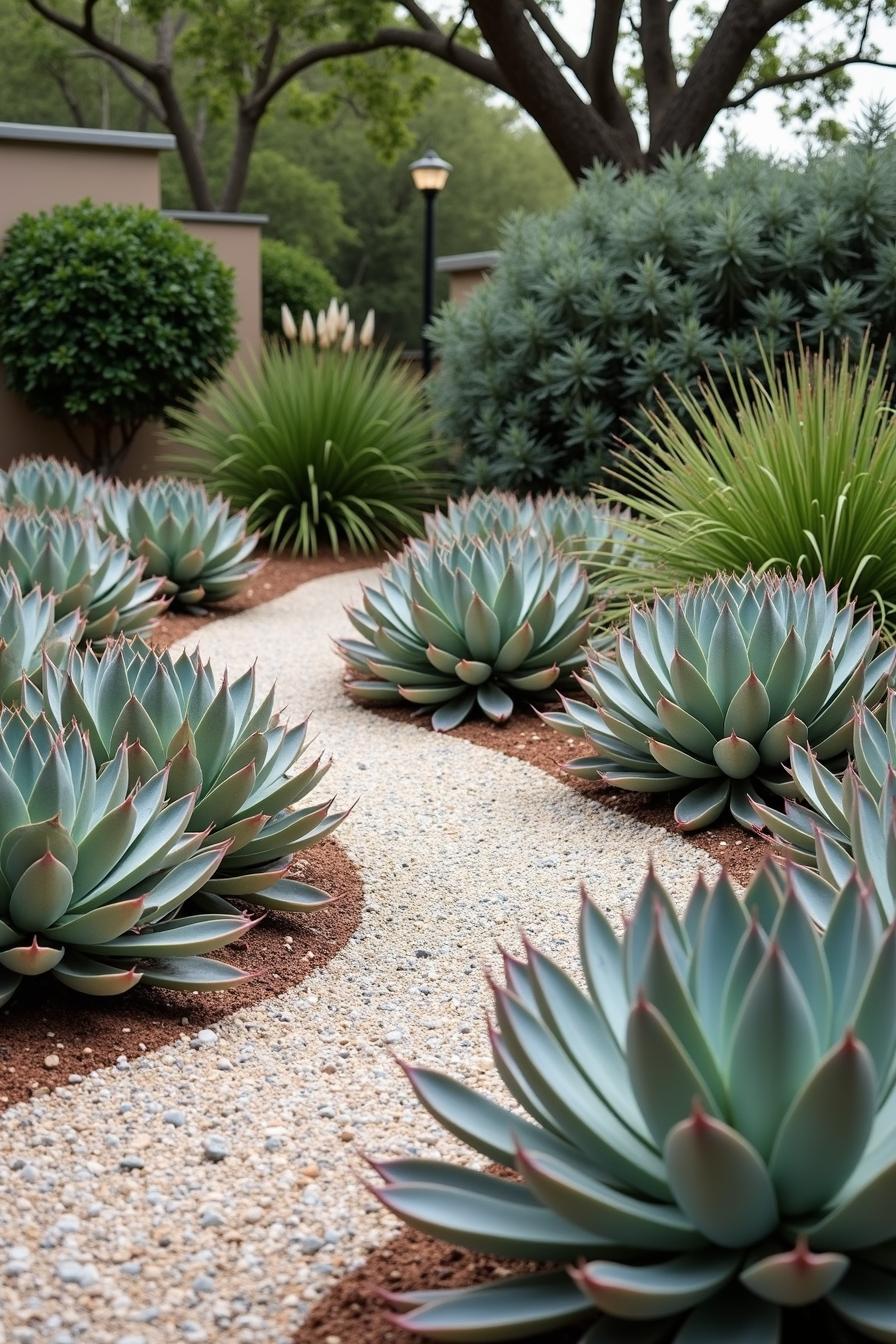 Succulents flanking a winding gravel path in a desert garden