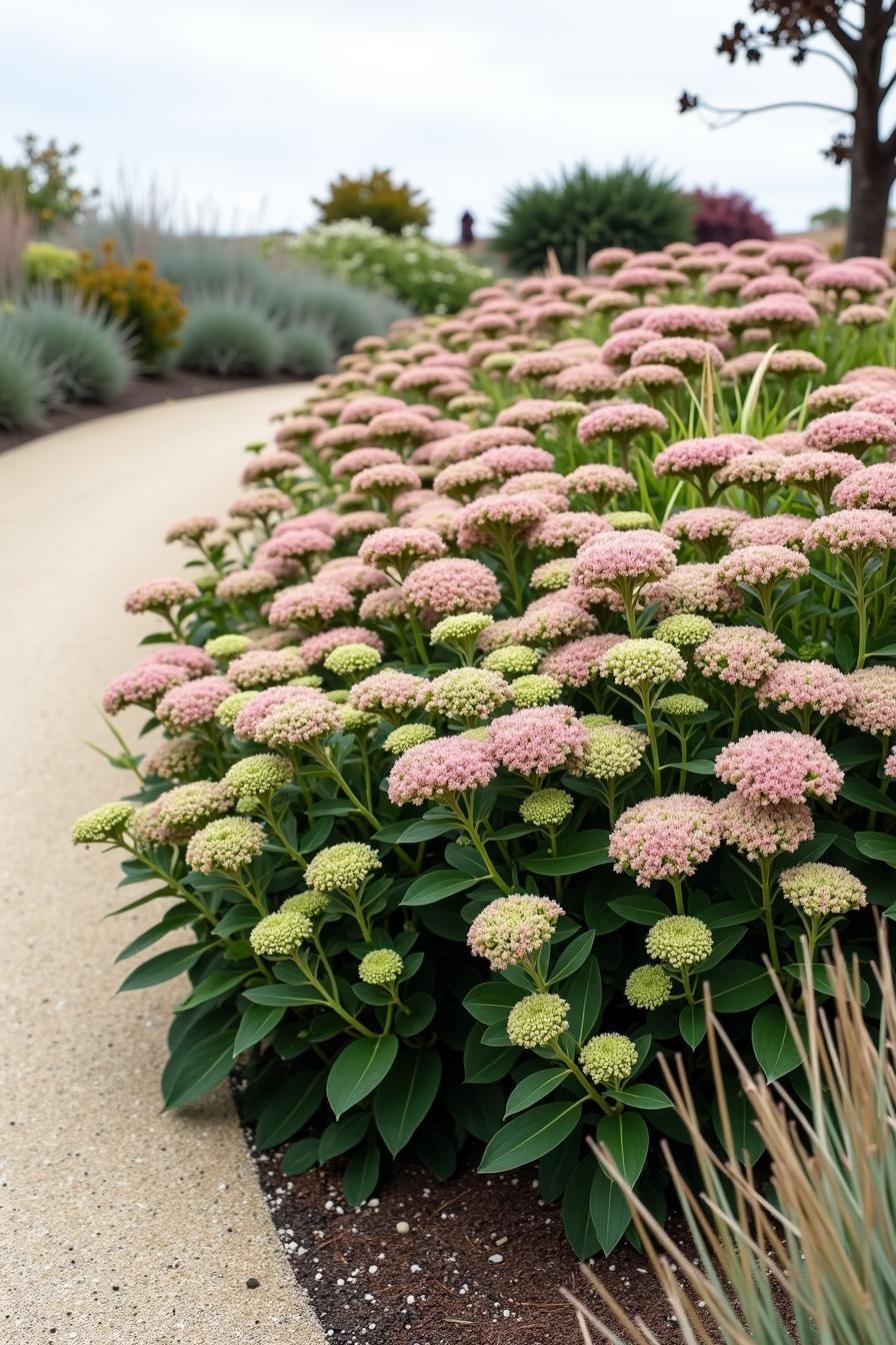 Curving pathway alongside blooming sedum plants