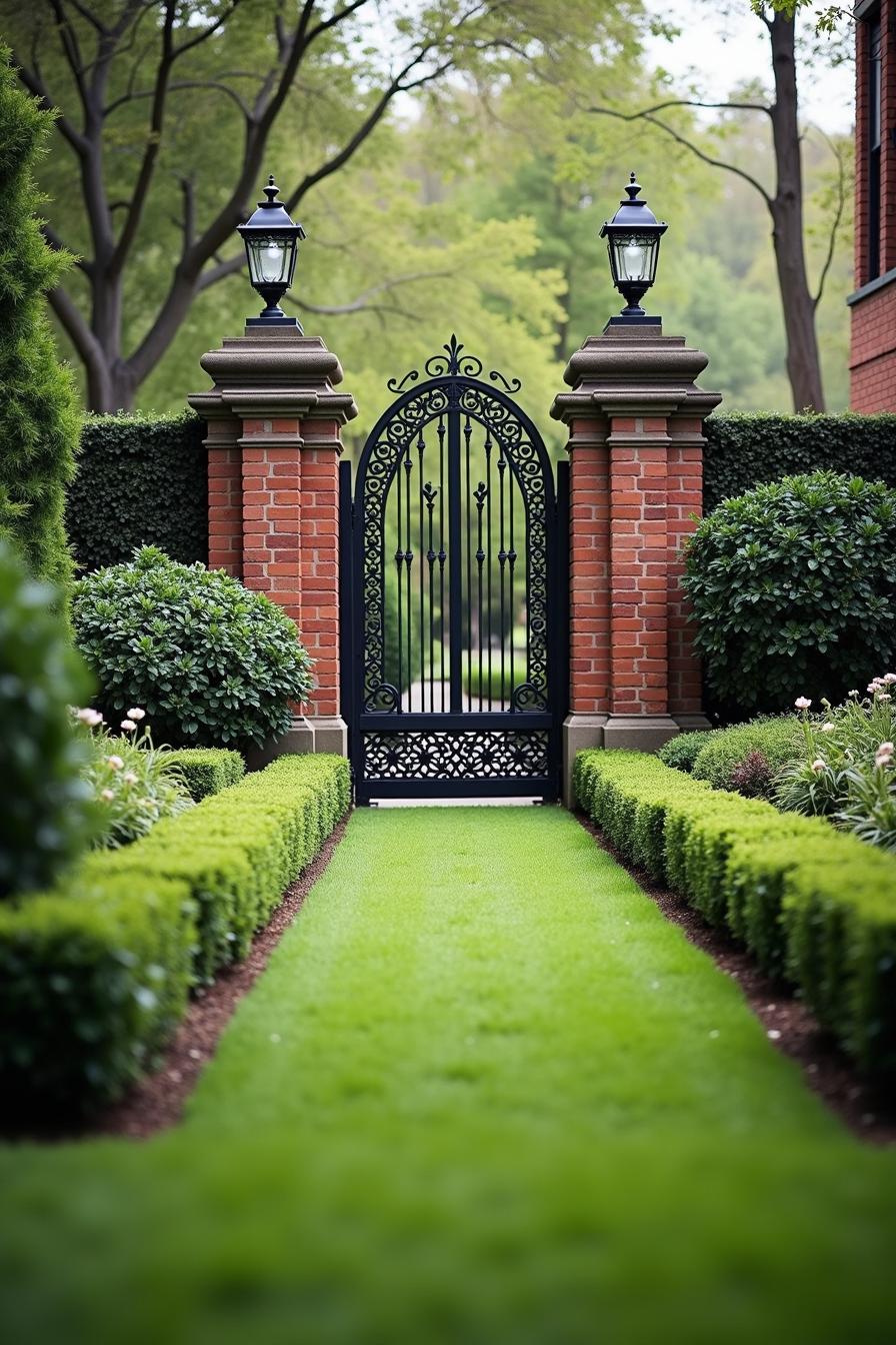 Elegant iron gate with brick pillars in a lush garden setting