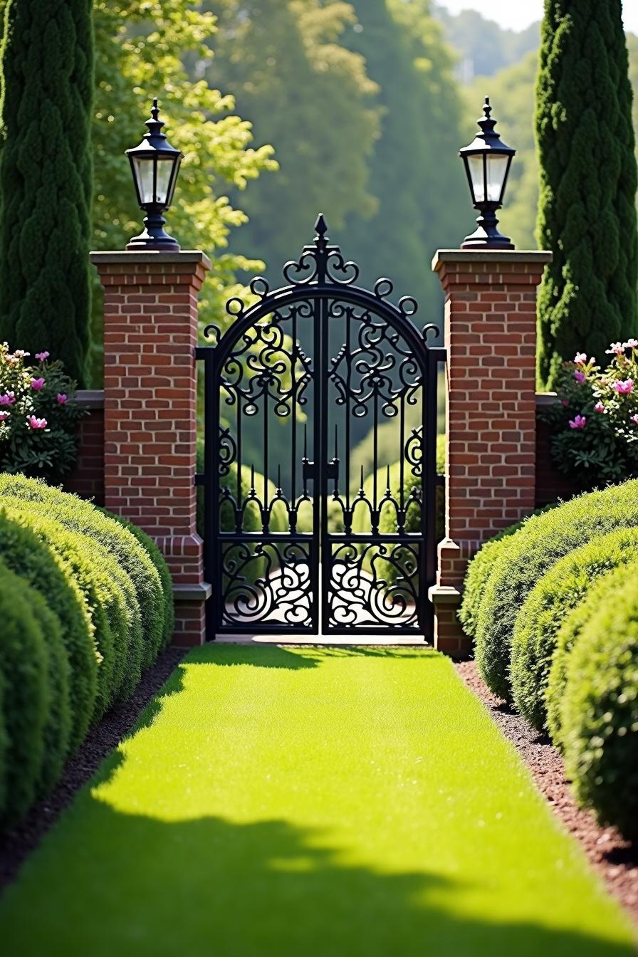 Iron gate framed by brick and manicured shrubs