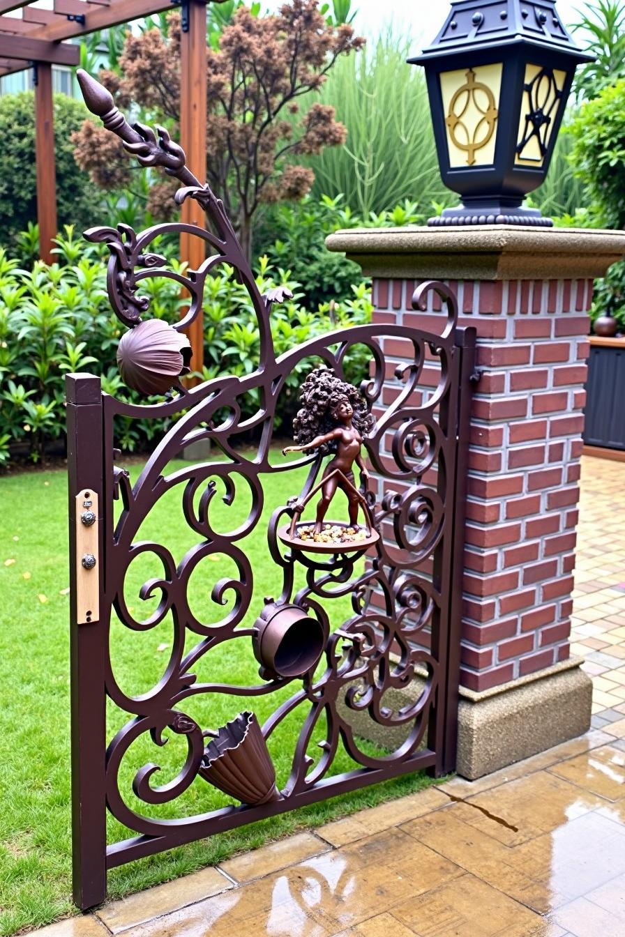 Ornate wrought iron gate with a faun sculpture