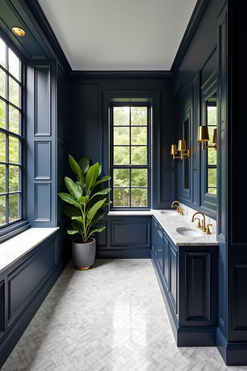 Sophisticated luxury bathroom with navy walls