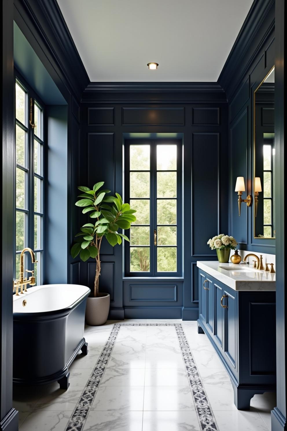 Luxurious bathroom with deep blue paneling and gold accents