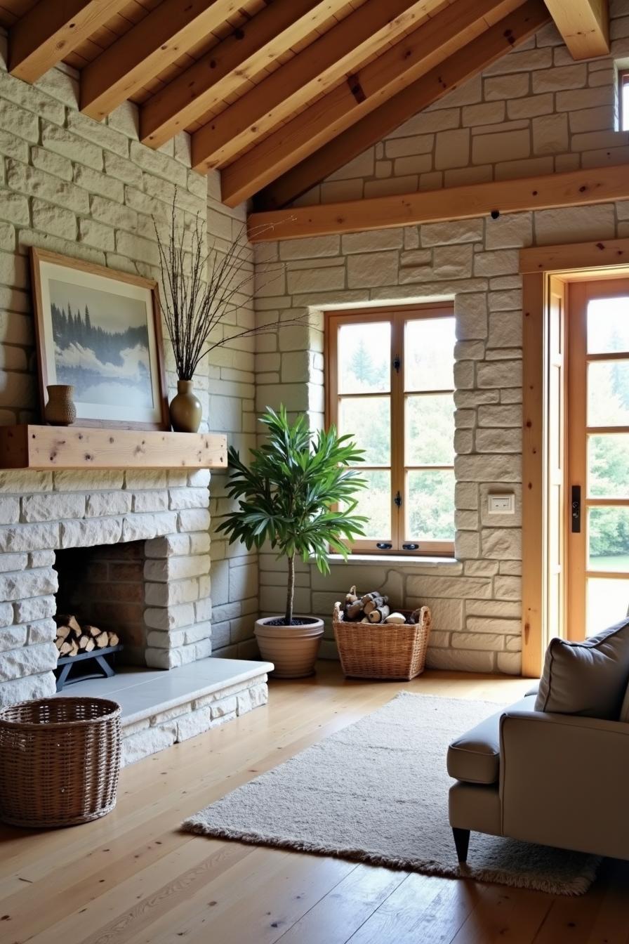 Inviting farmhouse fireplace with stone surround and warm tones