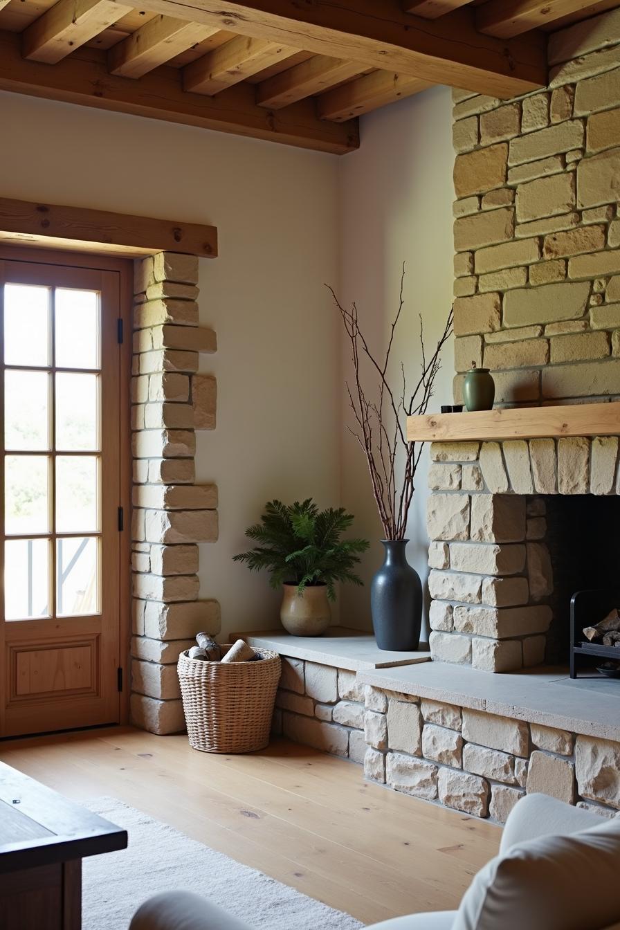 Traditional stone fireplace with cozy wooden beams