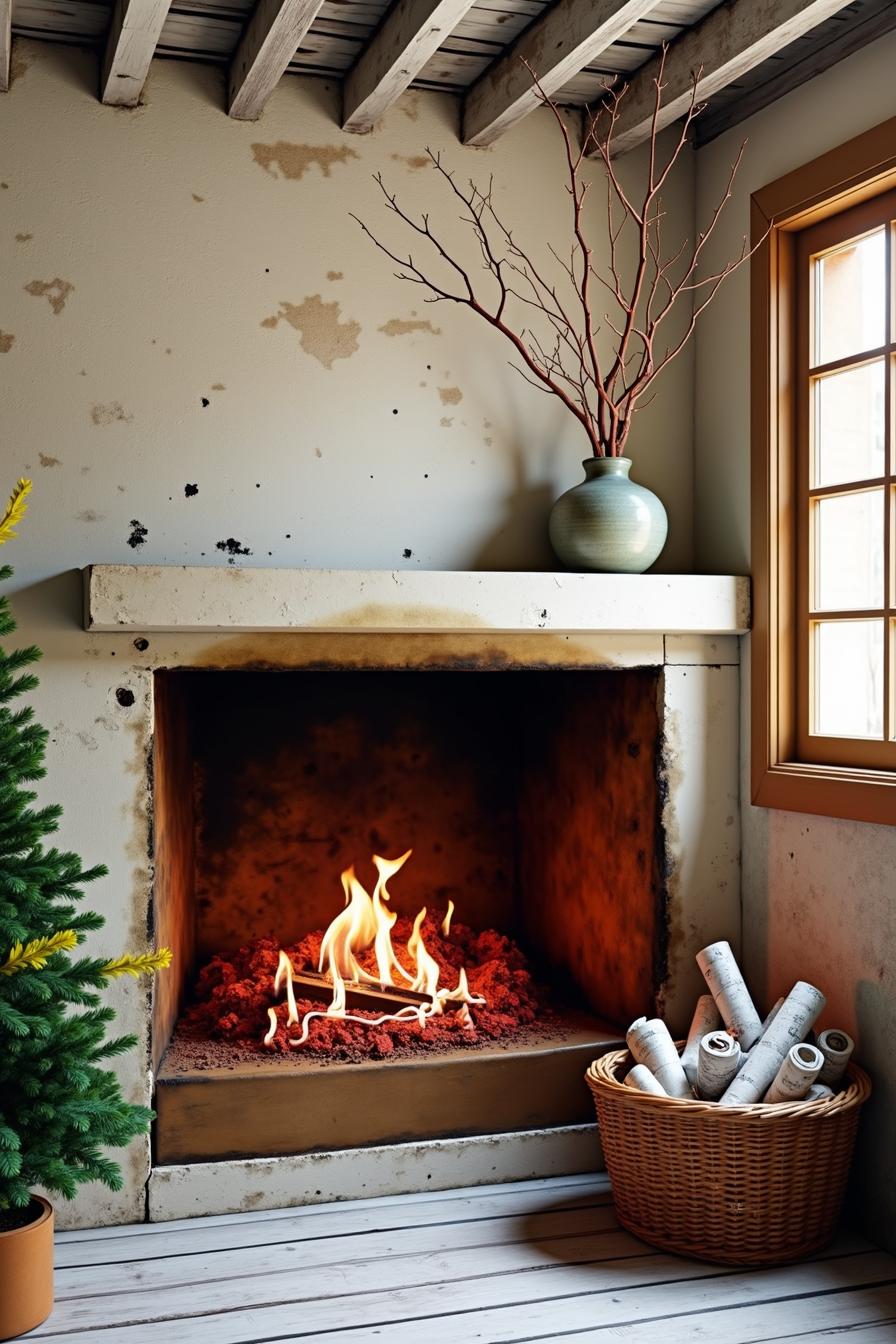 Rustic fireplace with branches and basket