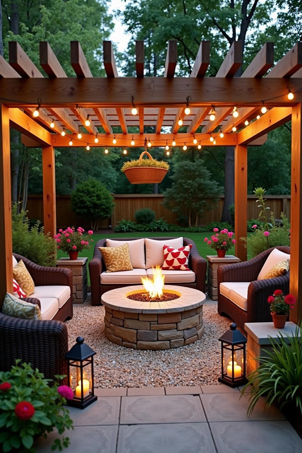 Cozy patio with fire pit and string lights