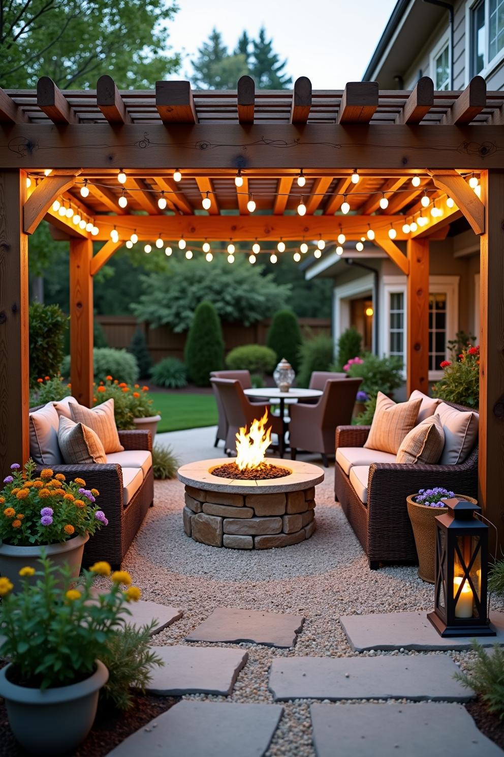 Outdoor seating area with fire pit and string lights