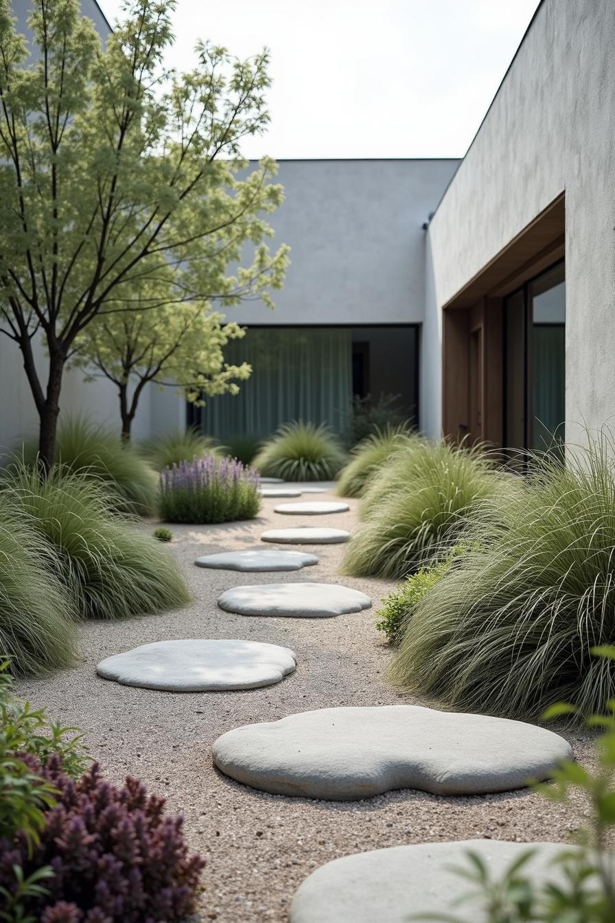 Artistic garden with stepping stones and grasses